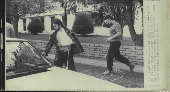 Injured NZ shearers leave Hamilton hospital after being treated for gunshot wounds in a gun battle over the long-running wide combs dispute, 1984.