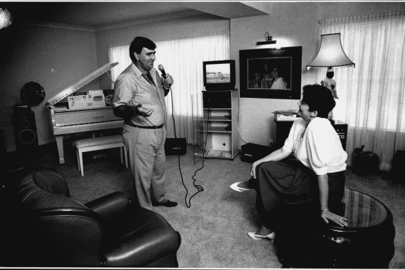 John and Diane Bruce at their home in Cronulla with their $5000 Karaoke Setup.