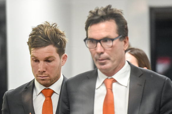 Toby Greene with Wayne Campbell at the AFL Tribunal on Tuesday night.