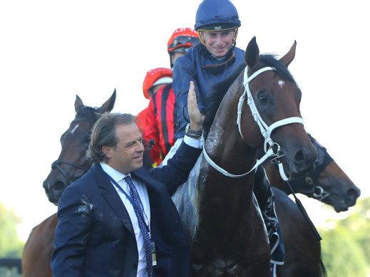 Coolmore boss Tom Magnier leads back Shinzo and Ryan Moore after winning the Golden Slipper.