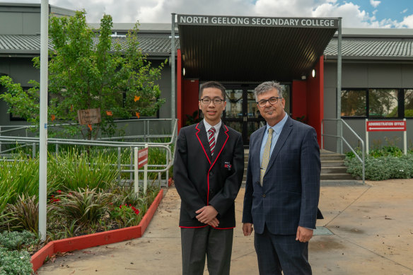 North Geelong Secondary College principal Nicolas Adamou and school dux Haisong Qi.