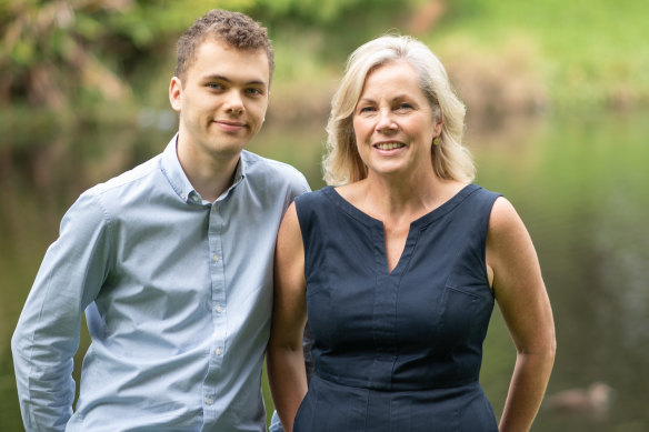 Hamish Fairlie, 20, and his mother Fiona. Hamish received his first cochlear implant when he was five, and a second in the other ear when he was 14.