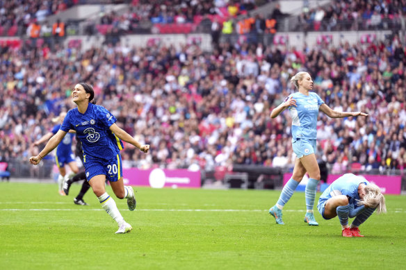 Kerr scores the winning goal in the 2022 FA Cup final against Manchester City. She will be hoping for a repeat performance on Sunday. 