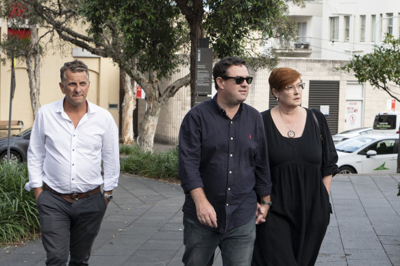 Former transport minister Andrew Constance, outgoing Penrith MP Stuart Ayres, and his partner, federal senator Marise Payne, arrive at the Liberal Party function on Sunday.