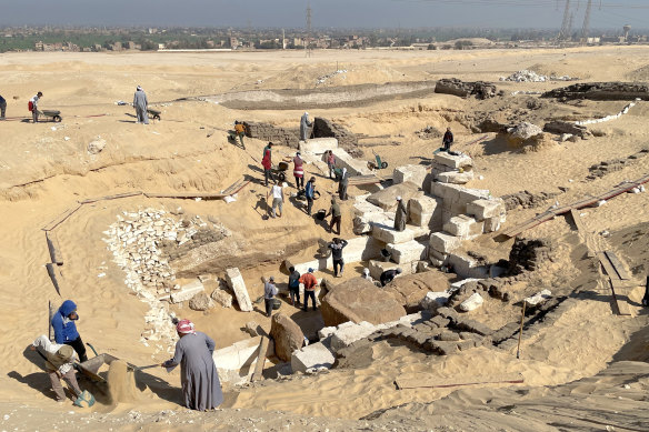 Archaeologists and researchers at the site of the newly discovered tomb at Abydos, one of the oldest cities of ancient Egypt.