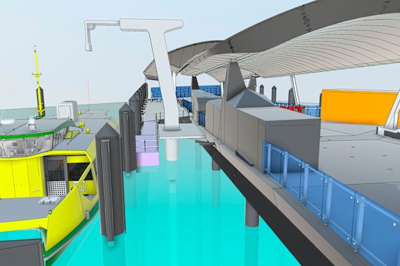 A render of charging infrastructure at a wharf.