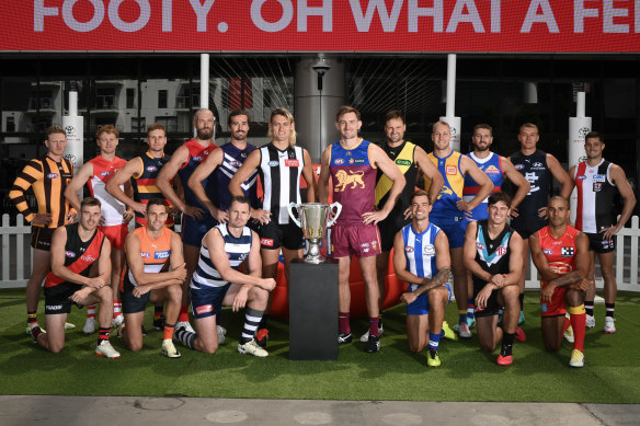 This year’s AFL captains (back row, from left) James Sicily, of Hawthorn, Callum Mills, of Sydney, Max Gawn, of Melbourne, Fremantle’s Alex Pearce, Collingwood’s Darcy Moore, Brisbane Lion Harris Andrews, Richmond’s Toby Nankervis, Oscar Allen, of West Coast, Marcus Bontempelli, of the Western Bulldogs, Carlton’s Patrick Cripps, and St Kilda’s Jack Steele. And (front row) Zach Merrett, of Essendon, GWS’s Josh Kelly, Geelong’s Patrick Dangerfield, North Melbourne’s Jy Simpkin, Connor Rozee, of Port Adelaide, and Gold Coast’s Touk Miller.