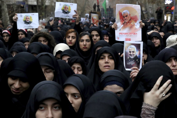 Women protest in Tehran over the US airstrike that killed Qassem Soleimani.