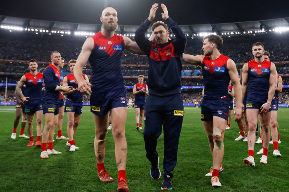 Max Gawn recognised Michael Hibberd, who is retiring, after the final siren on Friday night.