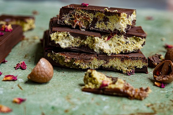 Katrina Meynick's chocolate bars, loaded with the pistachio spread.