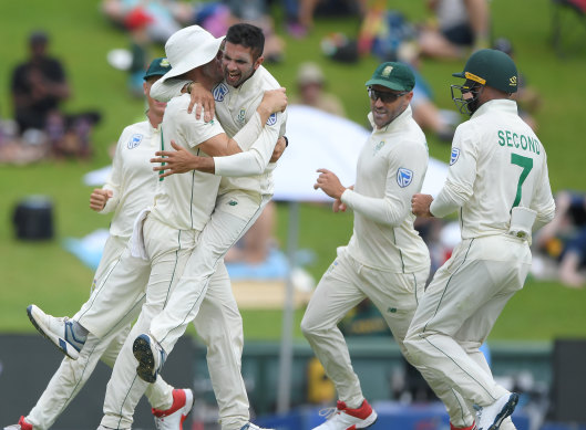 South African bowler Keshav Maharaj celebrates after claiming the wicket of England's Ben Stokes on day four of the first Test in Pretoria on Sunday.