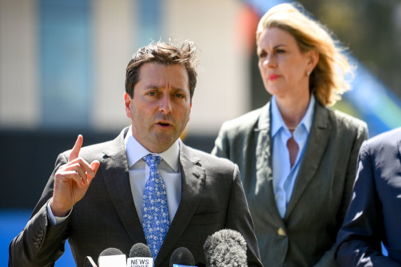 Opposition Leader Matthew Guy with health spokeswoman Georgie Crozier on Thursday.