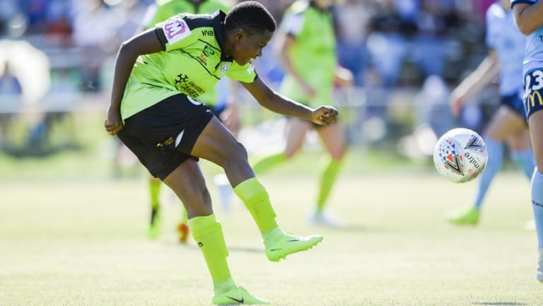 Super strike: Canberra's Rhoda Mulaudzi scores for Canberra against Sydney.