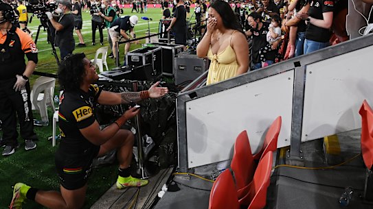 Brian To’o pops the question to a shocked Moesha Crichton-Ropati after Sunday’s NRL grand final.