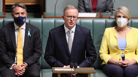 Opposition Leader Anthony Albanese during the Budget reply speech at Parliament House in Canberra on  Thursday 31 March 2022. fedpol Photo: Alex Ellinghausen