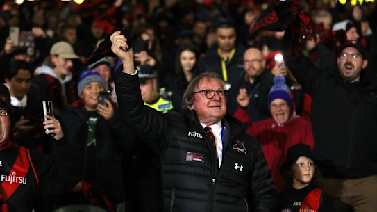 Kevin Sheedy.gets the Essendon faithful waving their scarves in celebration of their club.
