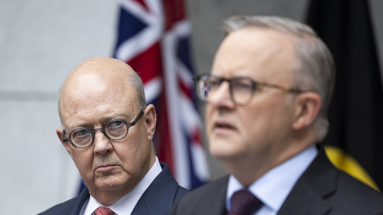 Kim Williams and Prime Minister Anthony Albanese during a press conference at Parliament House in Canberra.