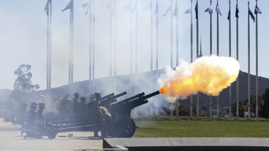 A 21 gun salute during the proclamation ceremony for King Charles III in Canberra on Sunday.