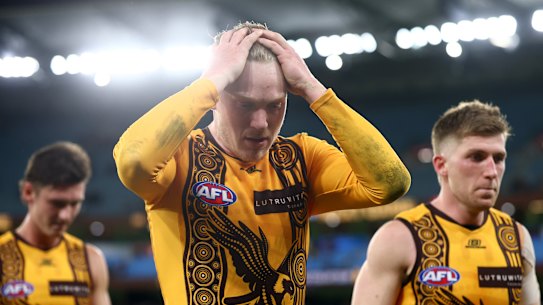A dejected James Sicily after Hawthorn’s loss to the Brisbane Lions.