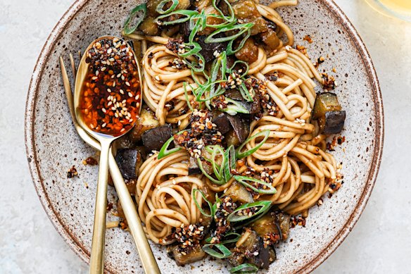 Miso eggplant noodles with crunchy chilli oil.