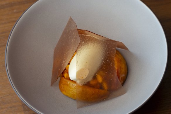 Malfroys honey-thyme ice-cream with roasted peach.