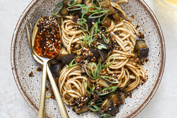 Miso eggplant noodles with crunchy chilli oil.