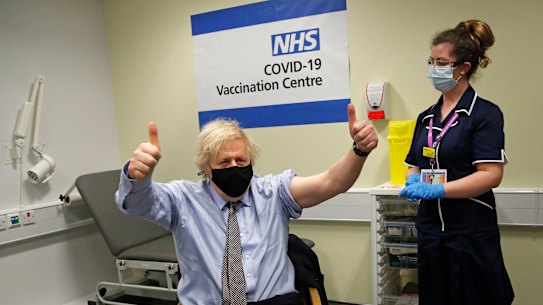 Boris Johnson after receiving his own vaccination in March. 