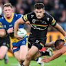 Nathan Cleary takes on the Eels defence.