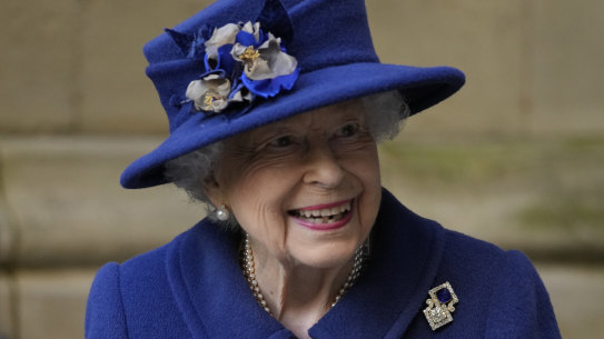 Queen Elizabeth II leaves after attending a service of Thanksgiving to mark the centenary of The Royal British Legion at Westminster Abbey on October 12, 2021 in London, England. 