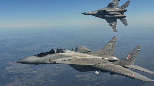 Two Mikoyan MIG-29 from the Polish Air Force take part in a NATO shielding exercise in Poland last year.