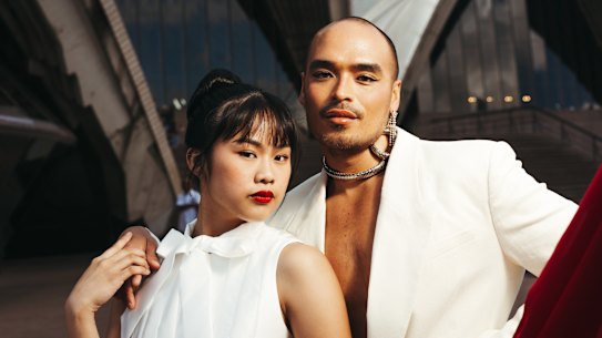 Opera Australia’s new production of Miss Saigon, with actors  Abigail Adriano, and Seann Miley Moore outside the Sydney Opera House.