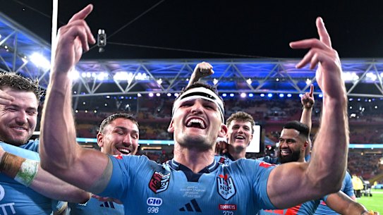 Blues' Nathan Cleary celebrates victory after the third match of State of Origin.