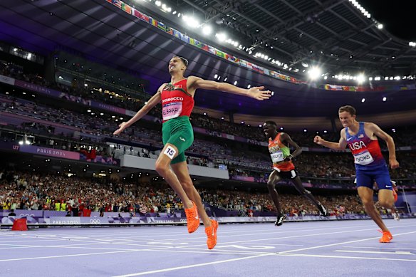  Soufiane El Bakkali of Morocco celebrates winning the gold medal in the men’s 3000m steeplechase.