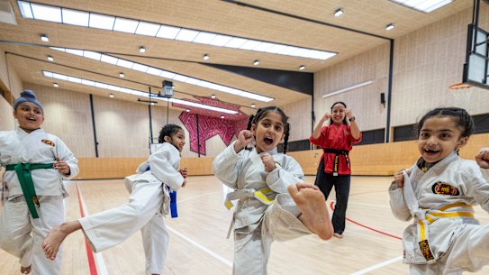 Left to right: Teghveer Singh, Zeerak Khan, Sidak Kaur, Sensei Lillian Zammit and Arya Khan 