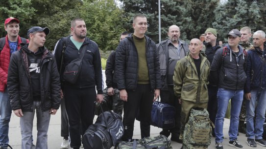 Russian recruits stand outside a military recruitment center in Volzhskiy, Volgograd region, Russia, last month after Russian President Vladimir Putin ordered a mobilisation of reservists.