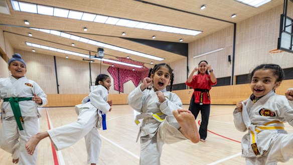 Left to right: Teghveer Singh, Zeerak Khan, Sidak Kaur, Sensei Lillian Zammit and Arya Khan 