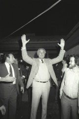 Gough Whitlam celebrates after his win in the 1974 double dissolution election.