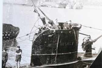 HM Submarine Ursula and its damaged conning tower after collision with an Italian ship in 1942.