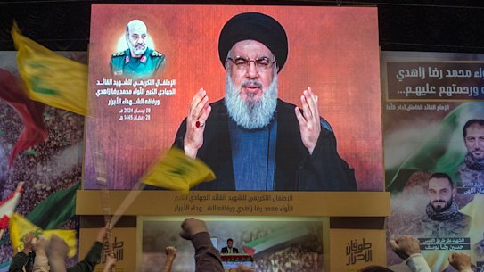 Hezbollah leader Sayyed Hassan Nasrallah speaks in a televised address via a video link during a ceremony to commemorate the death of several members of the Iranian Revolutionary Guards in April.
