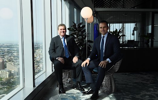 Centuria joint managing directors John McBain (left) and Jason Huljich (right) in their offices in the Sydney CBD.