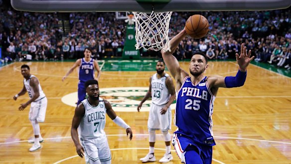 Australian Ben Simmons lines up a dunk in the Philadelphia 76ers last game of the season on Thursday. 