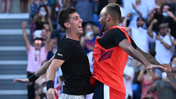 Thanasi Kokkinakis and Nick Kyrgios celebrate.
