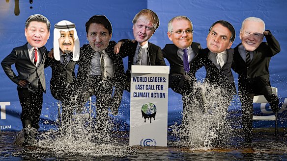 Protestors The Glasgow Actions Team take aim at political leaders, including Scott Morrison, at the Glasgow COP Summit.