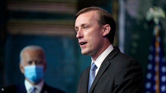 President-elect Joe Biden's national security adviser nominee Jake Sullivan speaks at The Queen theatre in Wilmington, Delaware.