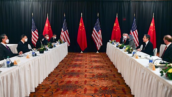 Secretary of State Antony Blinken, second from right, National Security Adviser Jake Sullivan, right, in talks with Chinese Communist Party foreign affairs chief Yang Jiechi, and China’s State Councilor Wang Yi in Anchorage, Alaska.
