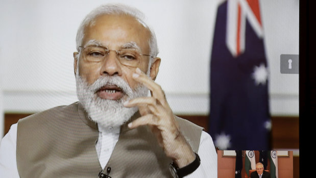 Indian Prime Minister Narendra Modi during a virtual summit with his Australian counterpart Scott Morrison last month.