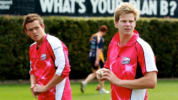 Steve O’Keefe and Steve Smith at a Sixers training session in 2012. 