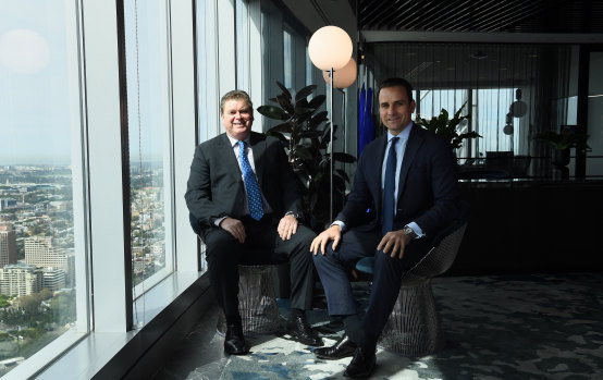Centuria joint managing directors John McBain (left) and Jason Huljich (right) in their offices in the Sydney CBD.