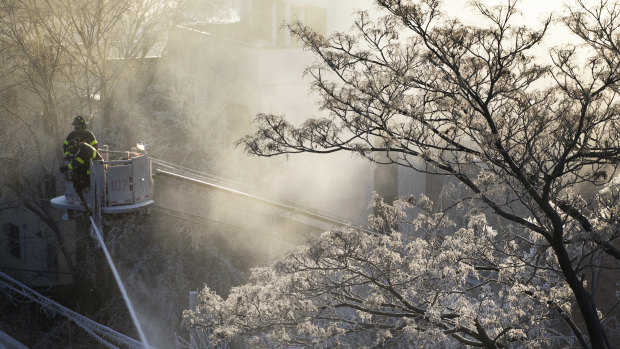Ice forms on tree branches as New York firefighters battle a blaze in a commercial building.