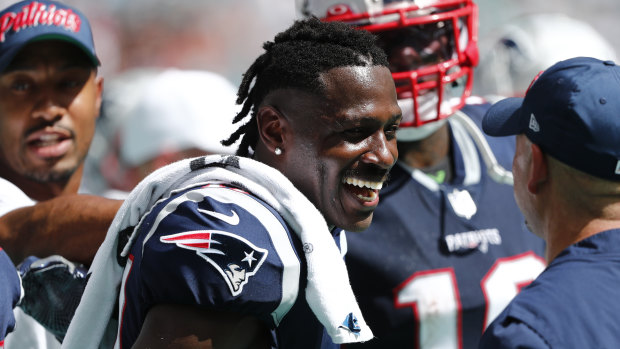 Antonio Brown is all smiles during New England's big win over Miami.